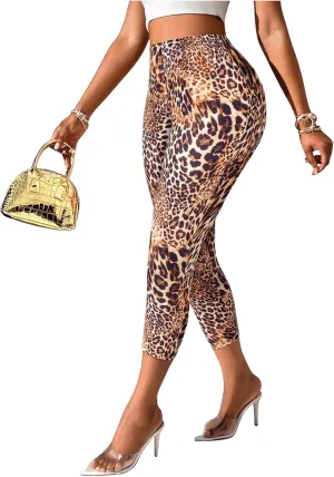 WDIRARA Women's Leopard Print High Waist Leggings Tummy Control Fitted Cropped Yoga Pants