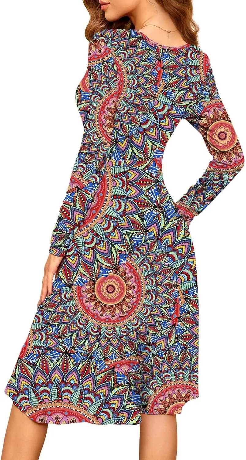 WEACZZY Women's 2025 Fall Long Sleeve Casual Dresses V-Neck Semi Formal Party Dress with Pockets