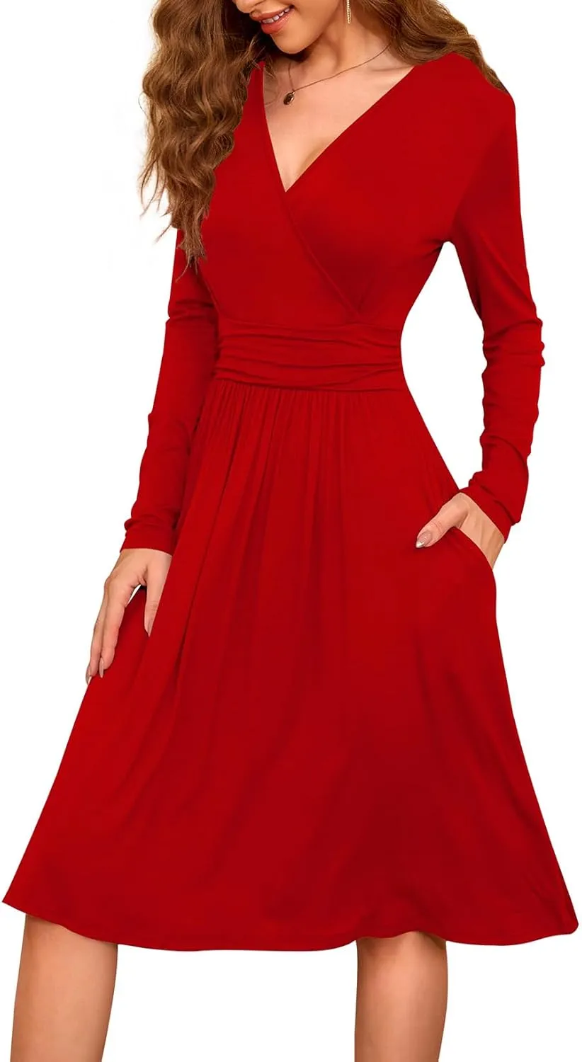 WEACZZY Women's 2025 Fall Long Sleeve Casual Dresses V-Neck Semi Formal Party Dress with Pockets