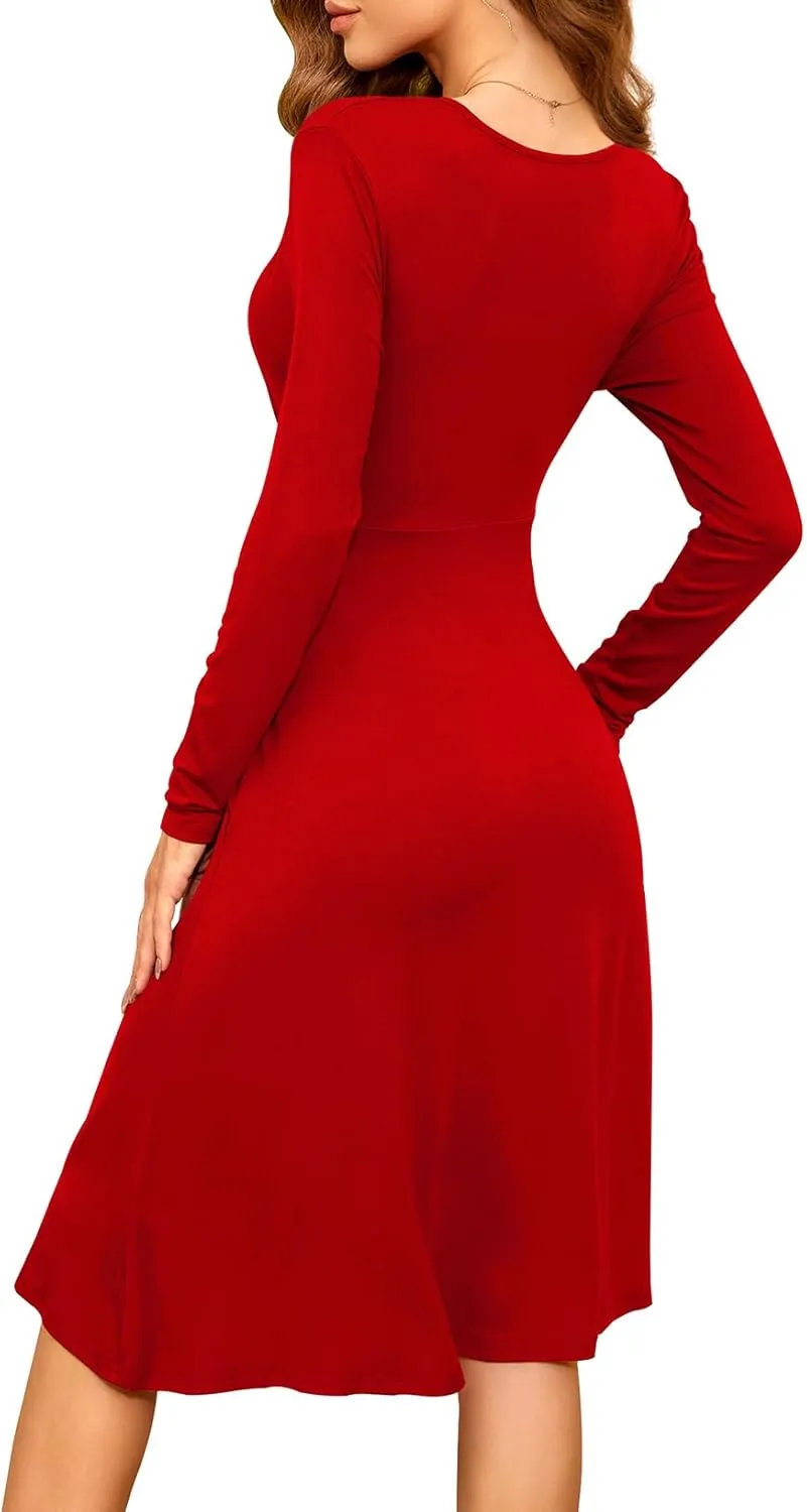 WEACZZY Women's 2025 Fall Long Sleeve Casual Dresses V-Neck Semi Formal Party Dress with Pockets