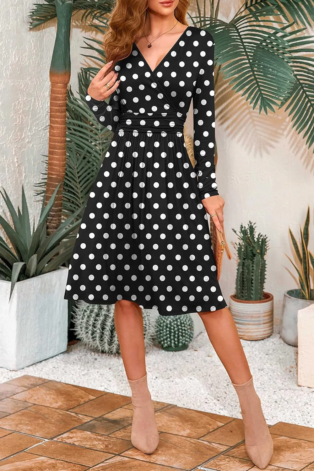 WEACZZY Women's 2025 Fall Long Sleeve Casual Dresses V-Neck Semi Formal Party Dress with Pockets
