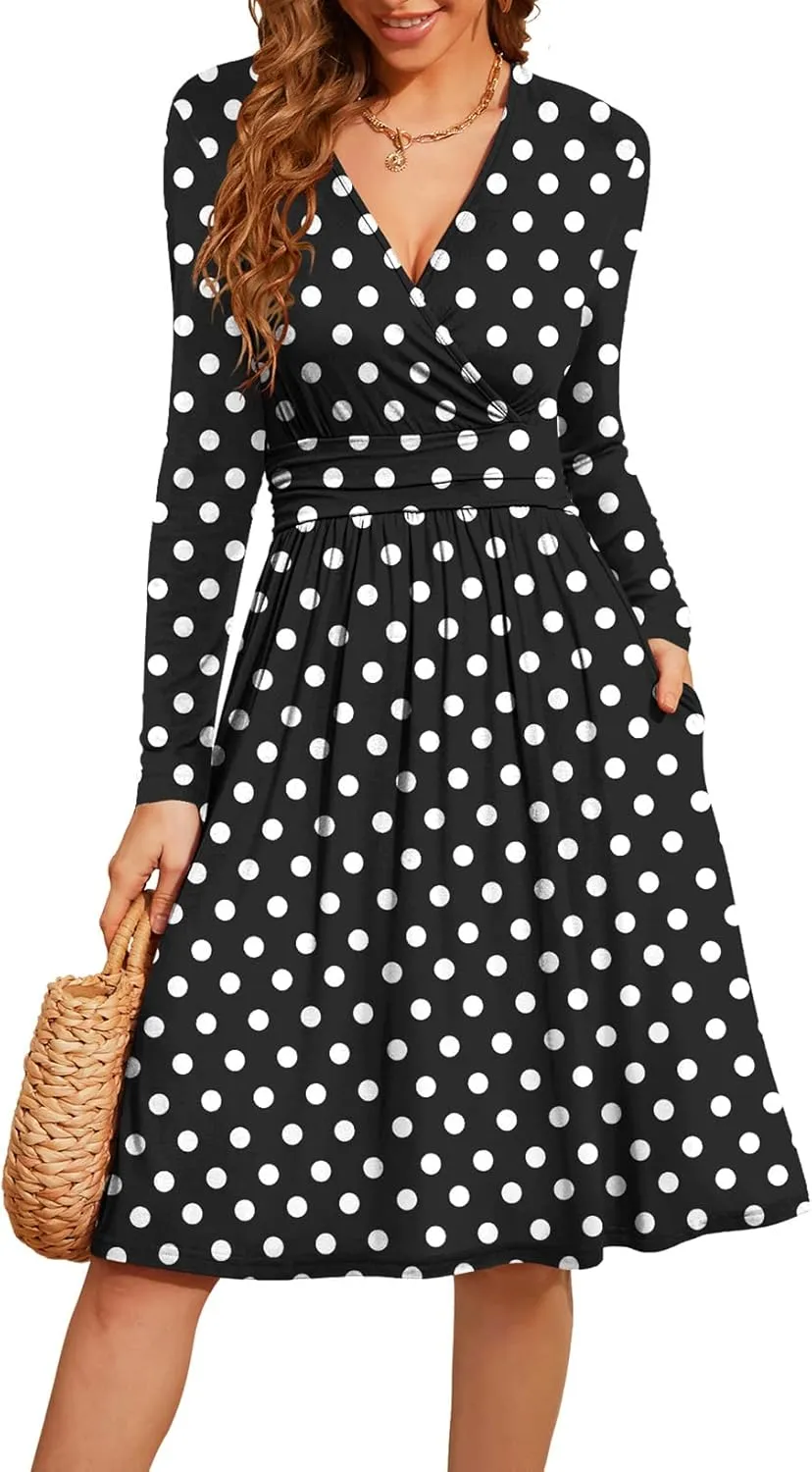 WEACZZY Women's 2025 Fall Long Sleeve Casual Dresses V-Neck Semi Formal Party Dress with Pockets