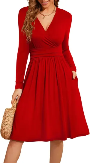 WEACZZY Women's 2025 Fall Long Sleeve Casual Dresses V-Neck Semi Formal Party Dress with Pockets
