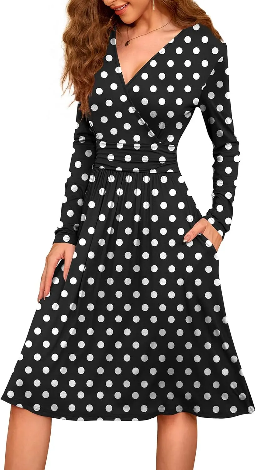 WEACZZY Women's 2025 Fall Long Sleeve Casual Dresses V-Neck Semi Formal Party Dress with Pockets