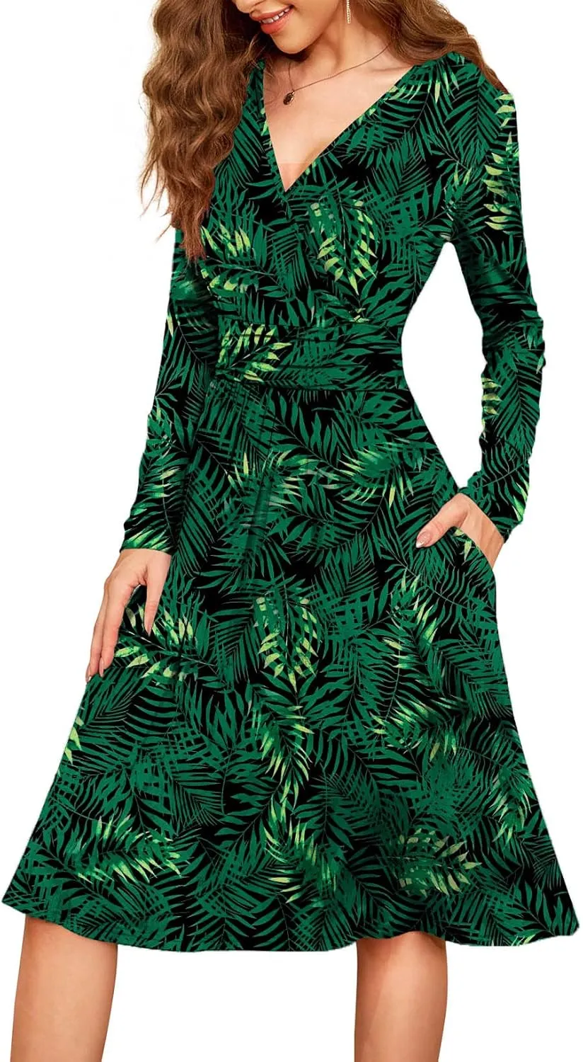 WEACZZY Women's 2025 Fall Long Sleeve Casual Dresses V-Neck Semi Formal Party Dress with Pockets