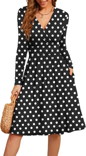 WEACZZY Women's 2025 Fall Long Sleeve Casual Dresses V-Neck Semi Formal Party Dress with Pockets