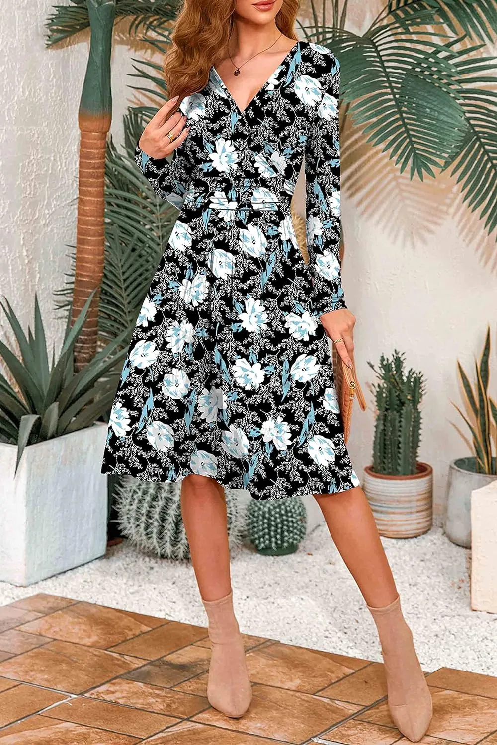 WEACZZY Women's 2025 Fall Long Sleeve Casual Dresses V-Neck Semi Formal Party Dress with Pockets
