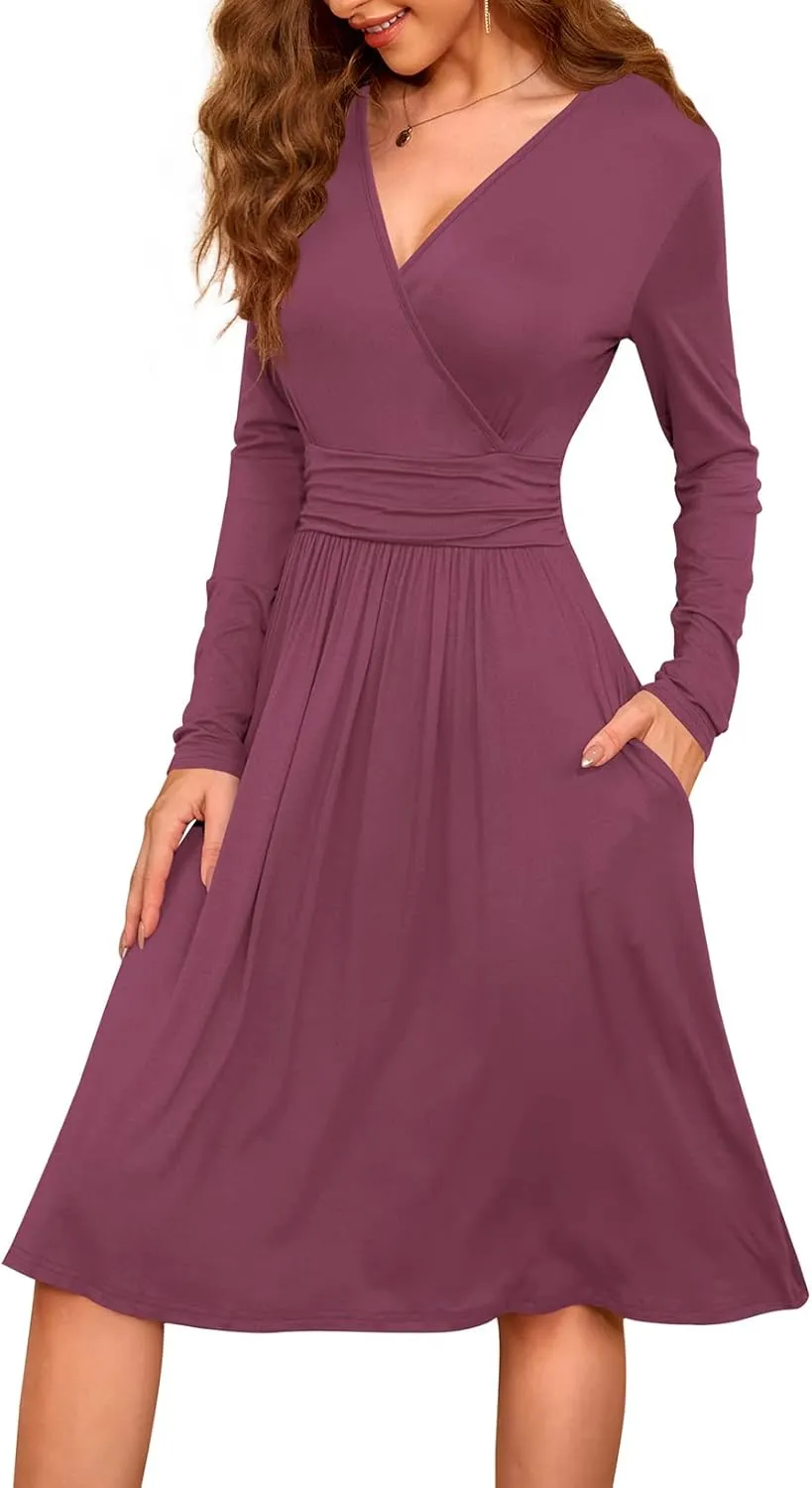 WEACZZY Women's 2025 Fall Long Sleeve Casual Dresses V-Neck Semi Formal Party Dress with Pockets