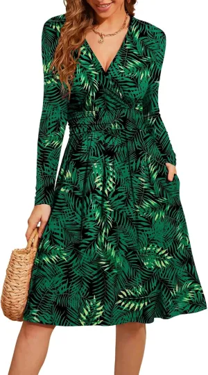 WEACZZY Women's 2025 Fall Long Sleeve Casual Dresses V-Neck Semi Formal Party Dress with Pockets