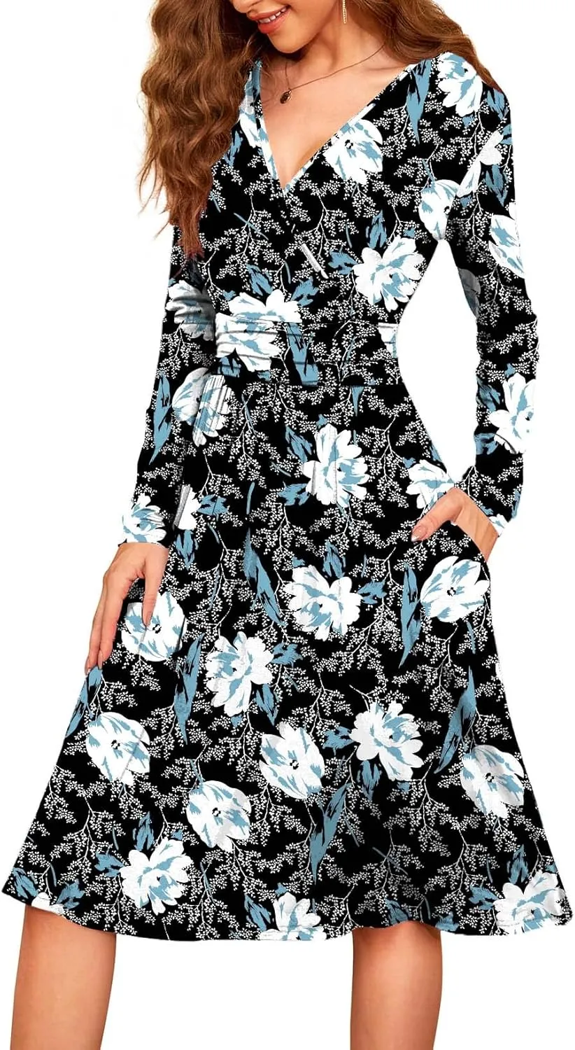 WEACZZY Women's 2025 Fall Long Sleeve Casual Dresses V-Neck Semi Formal Party Dress with Pockets