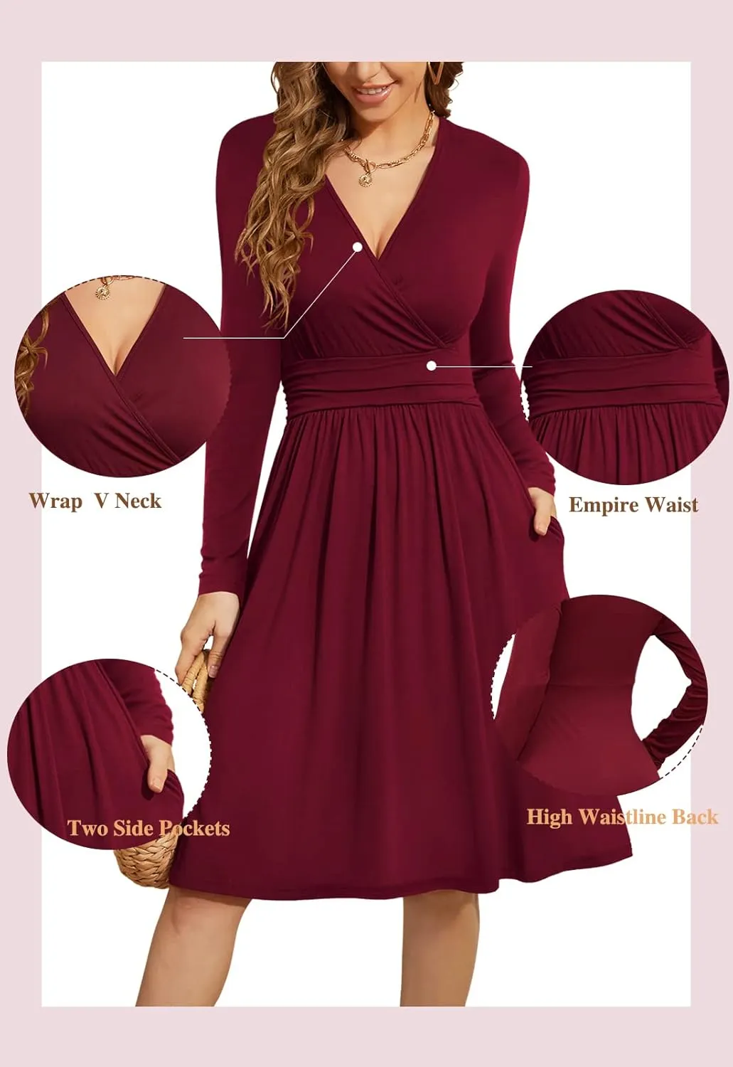 WEACZZY Women's 2025 Fall Long Sleeve Casual Dresses V-Neck Semi Formal Party Dress with Pockets