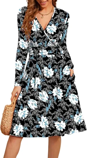 WEACZZY Women's 2025 Fall Long Sleeve Casual Dresses V-Neck Semi Formal Party Dress with Pockets