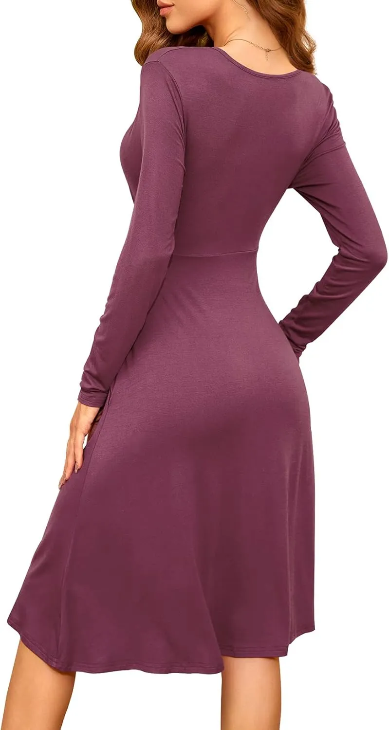 WEACZZY Women's 2025 Fall Long Sleeve Casual Dresses V-Neck Semi Formal Party Dress with Pockets