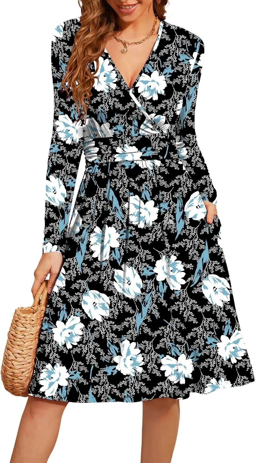 WEACZZY Women's 2025 Fall Long Sleeve Casual Dresses V-Neck Semi Formal Party Dress with Pockets