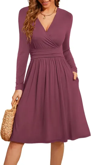 WEACZZY Women's 2025 Fall Long Sleeve Casual Dresses V-Neck Semi Formal Party Dress with Pockets