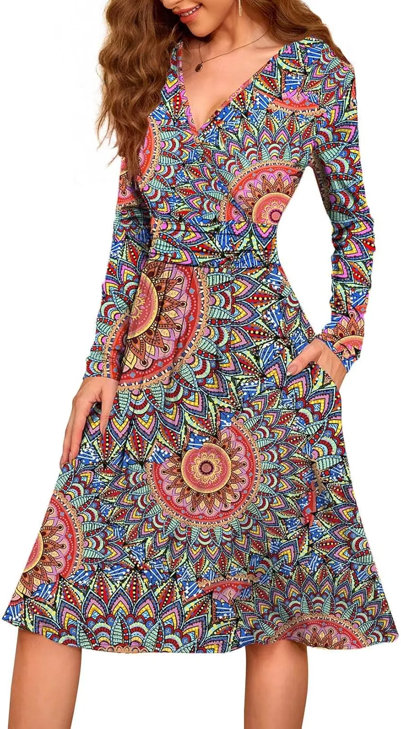 WEACZZY Women's 2025 Fall Long Sleeve Casual Dresses V-Neck Semi Formal Party Dress with Pockets