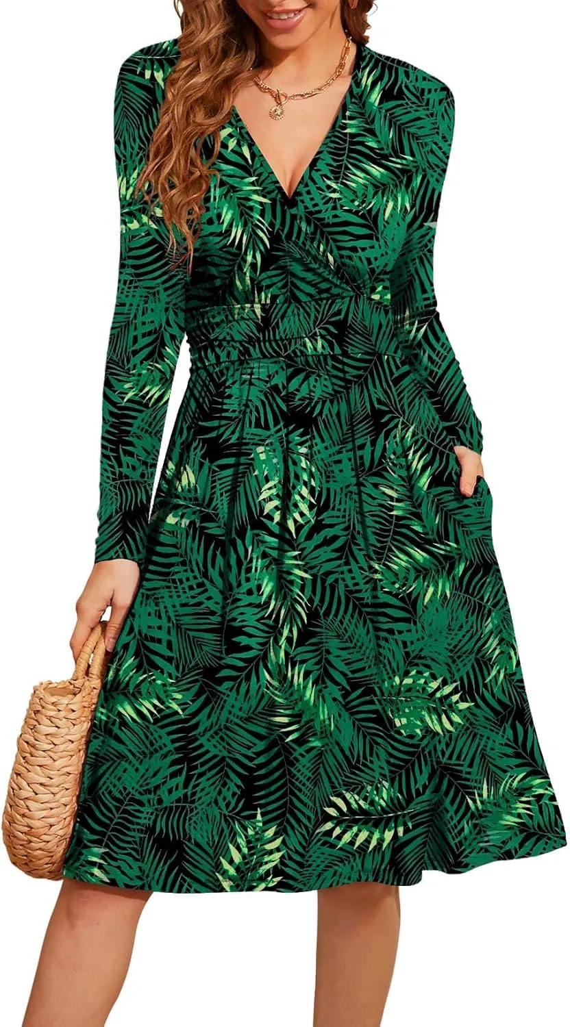WEACZZY Women's 2025 Fall Long Sleeve Casual Dresses V-Neck Semi Formal Party Dress with Pockets