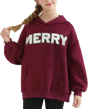 Weixinbuy Unisex Kids Christmas Sweatshirt Merry Graphic Crewneck Kangaroo Pocket Oversized Hoodie for Boys Girls 7-14Y