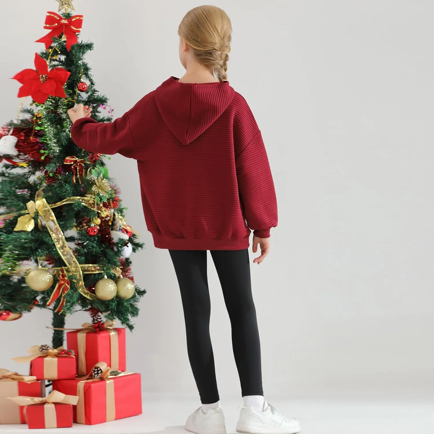 Weixinbuy Unisex Kids Christmas Sweatshirt Merry Graphic Crewneck Kangaroo Pocket Oversized Hoodie for Boys Girls 7-14Y