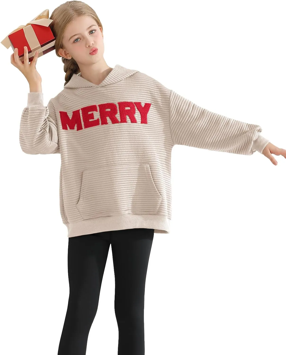 Weixinbuy Unisex Kids Christmas Sweatshirt Merry Graphic Crewneck Kangaroo Pocket Oversized Hoodie for Boys Girls 7-14Y