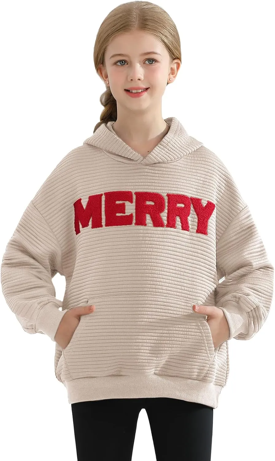 Weixinbuy Unisex Kids Christmas Sweatshirt Merry Graphic Crewneck Kangaroo Pocket Oversized Hoodie for Boys Girls 7-14Y