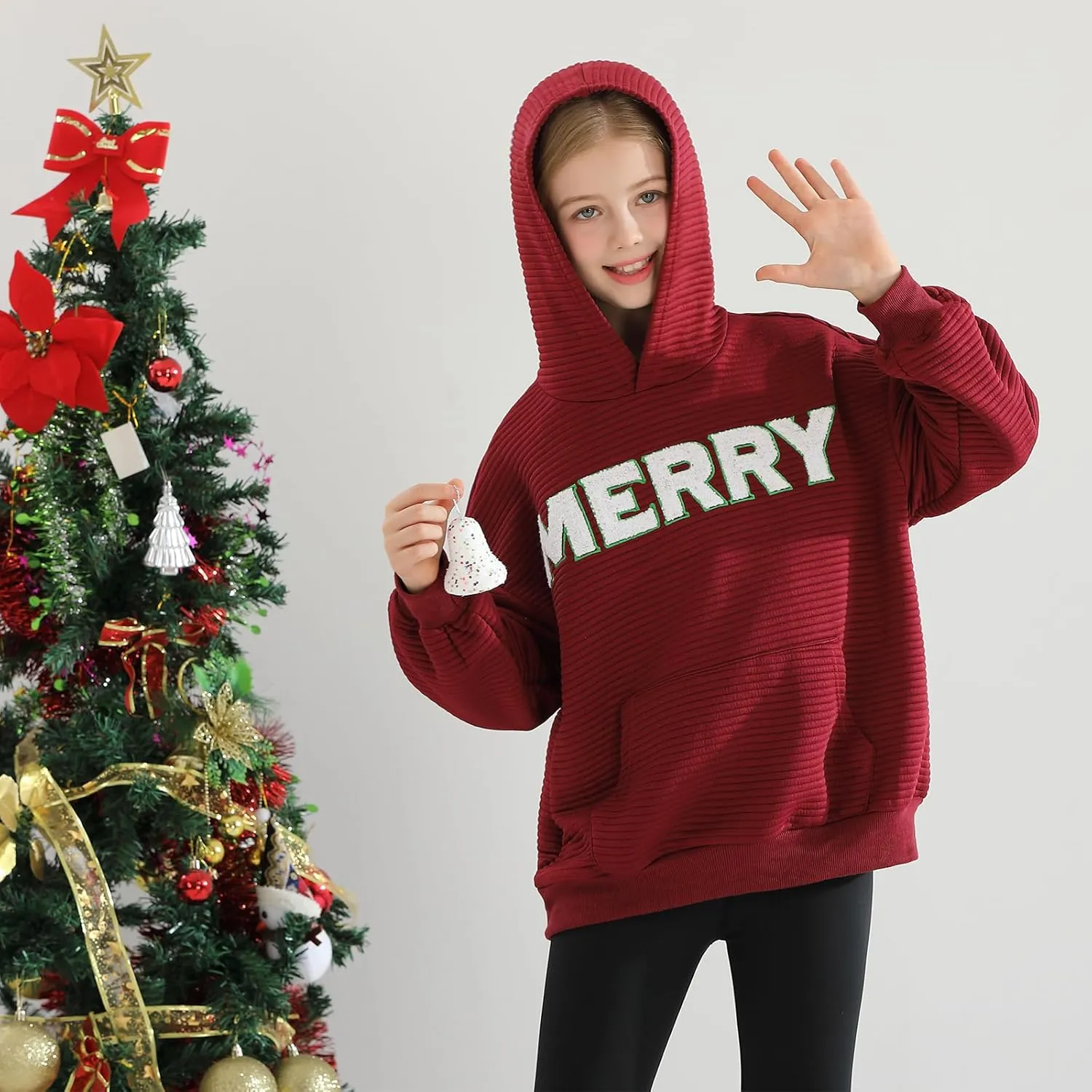 Weixinbuy Unisex Kids Christmas Sweatshirt Merry Graphic Crewneck Kangaroo Pocket Oversized Hoodie for Boys Girls 7-14Y