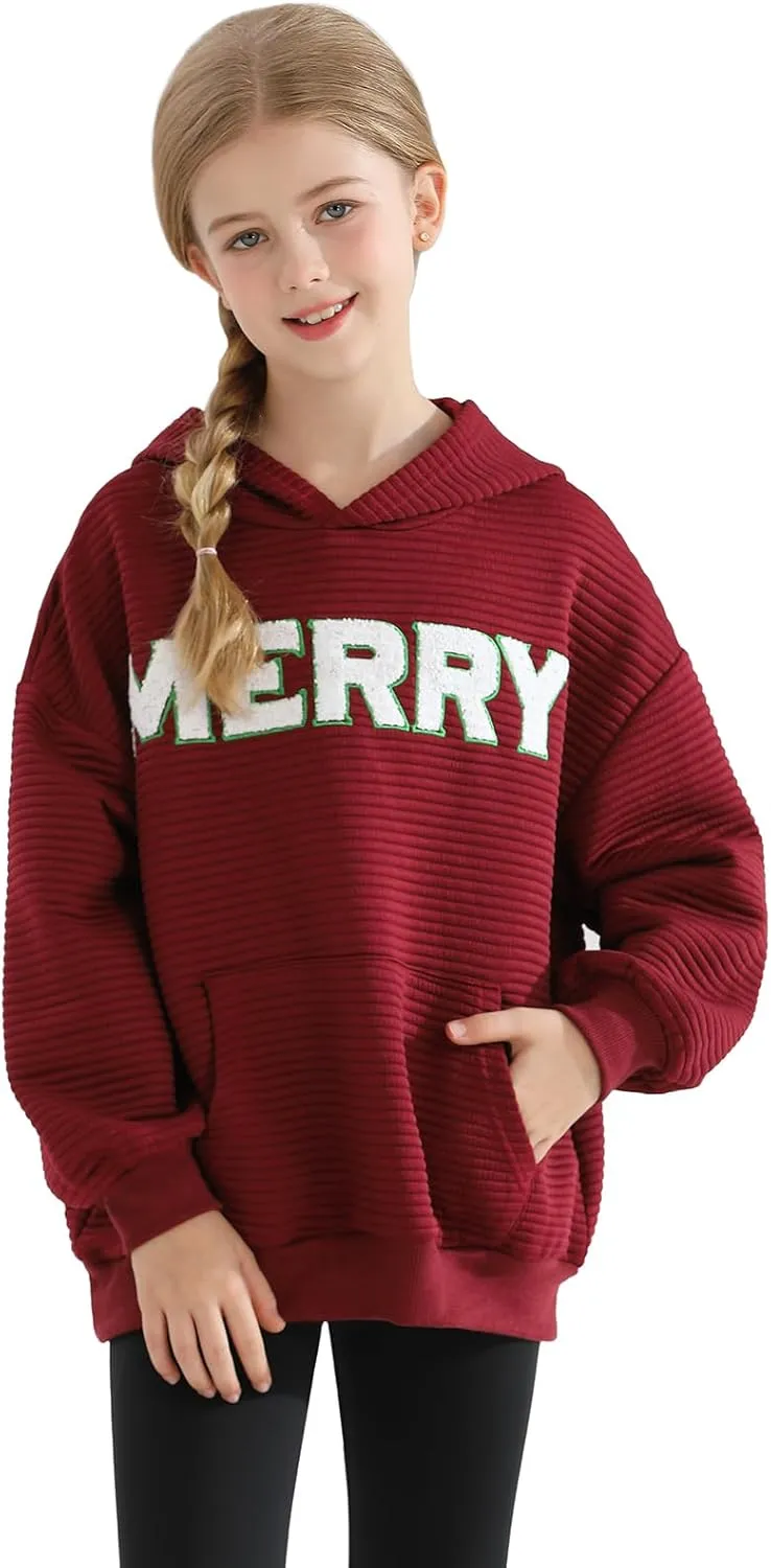 Weixinbuy Unisex Kids Christmas Sweatshirt Merry Graphic Crewneck Kangaroo Pocket Oversized Hoodie for Boys Girls 7-14Y
