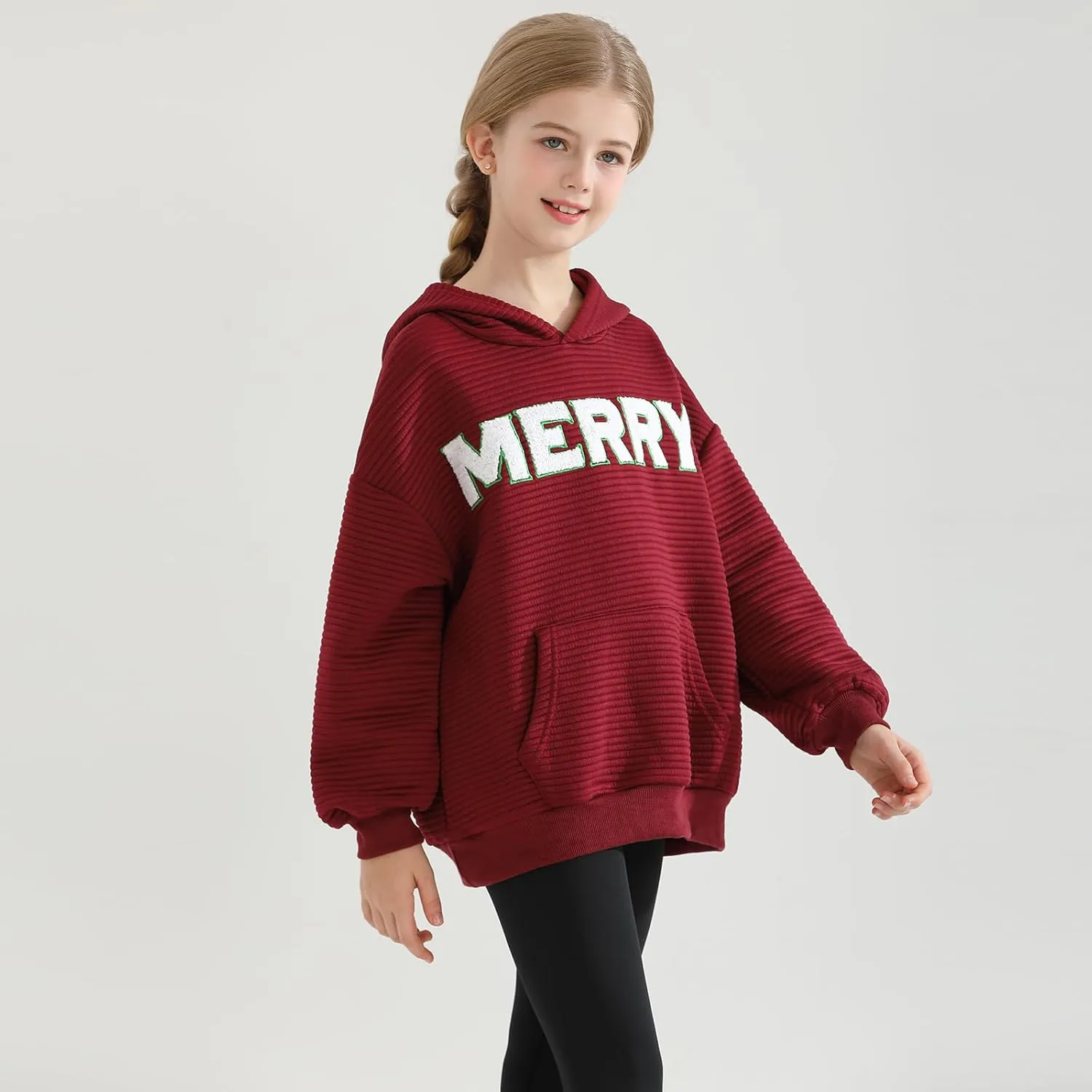 Weixinbuy Unisex Kids Christmas Sweatshirt Merry Graphic Crewneck Kangaroo Pocket Oversized Hoodie for Boys Girls 7-14Y