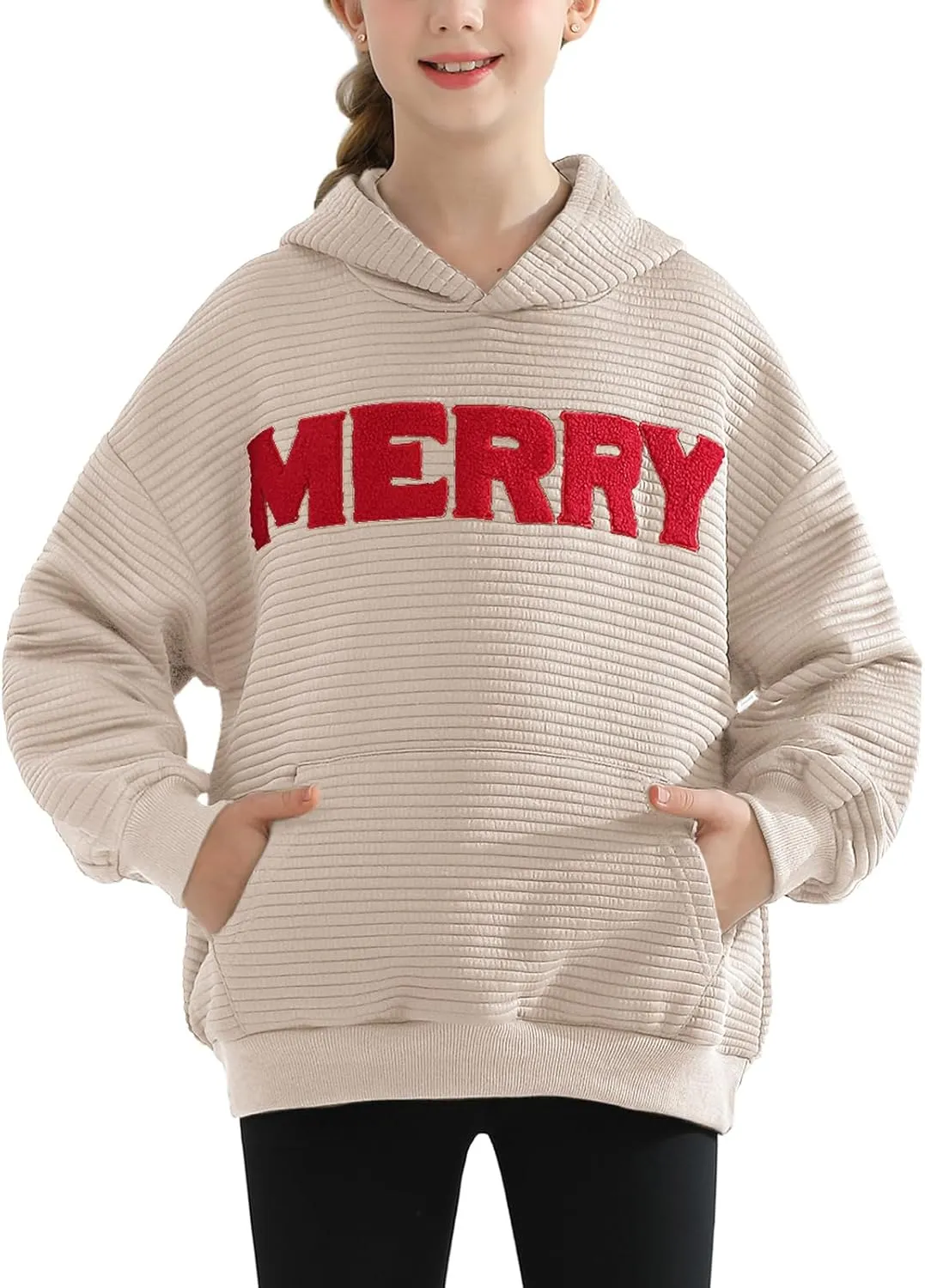 Weixinbuy Unisex Kids Christmas Sweatshirt Merry Graphic Crewneck Kangaroo Pocket Oversized Hoodie for Boys Girls 7-14Y