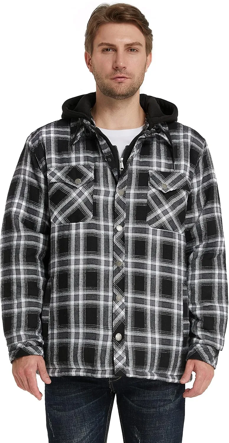 WenVen Men's Thicken Plaid Flannel Quilted Shirts Jacket with Removable Hood