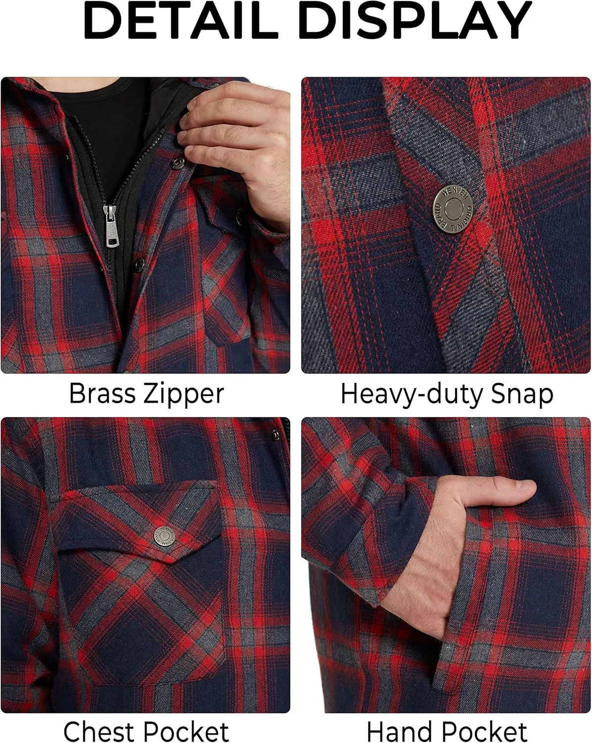 WenVen Men's Thicken Plaid Flannel Quilted Shirts Jacket with Removable Hood