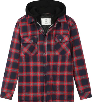 WenVen Men's Thicken Plaid Flannel Quilted Shirts Jacket with Removable Hood