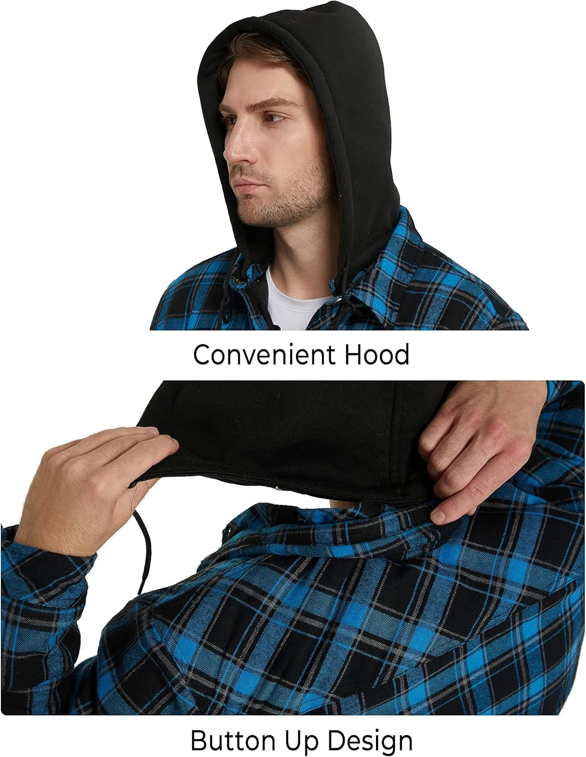 WenVen Men's Thicken Plaid Flannel Quilted Shirts Jacket with Removable Hood