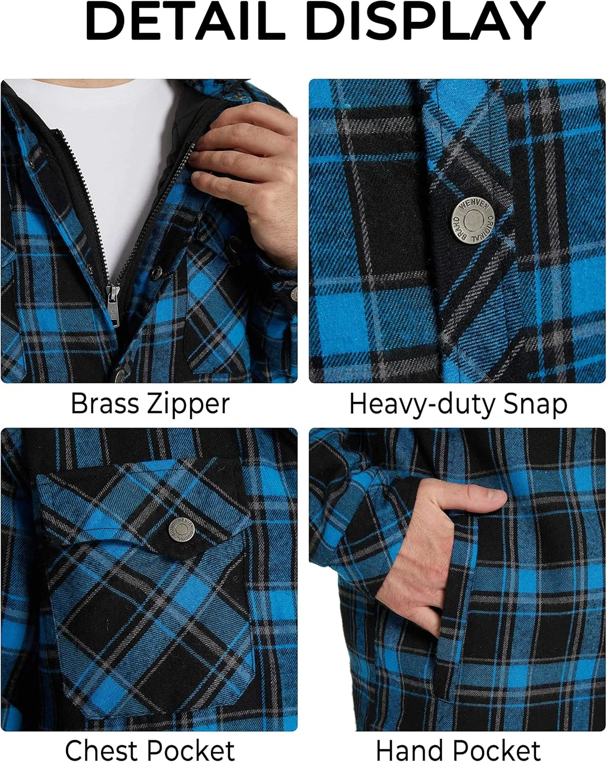 WenVen Men's Thicken Plaid Flannel Quilted Shirts Jacket with Removable Hood