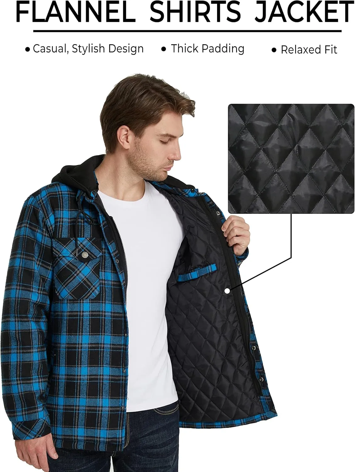 WenVen Men's Thicken Plaid Flannel Quilted Shirts Jacket with Removable Hood