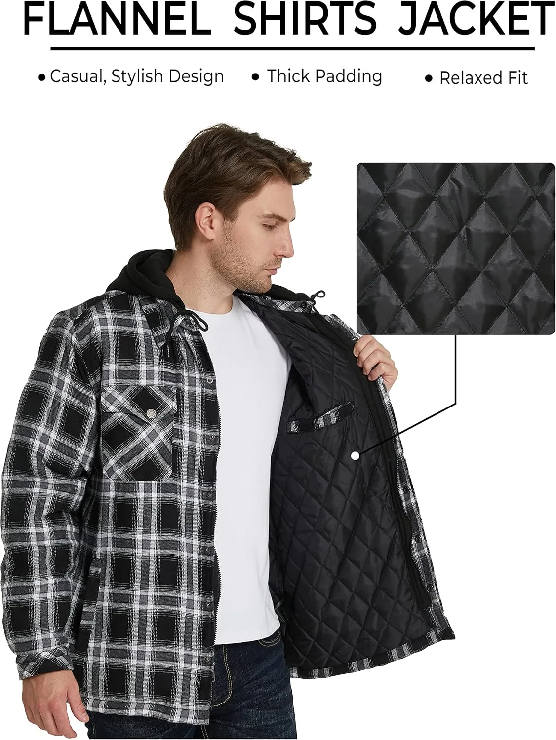 WenVen Men's Thicken Plaid Flannel Quilted Shirts Jacket with Removable Hood