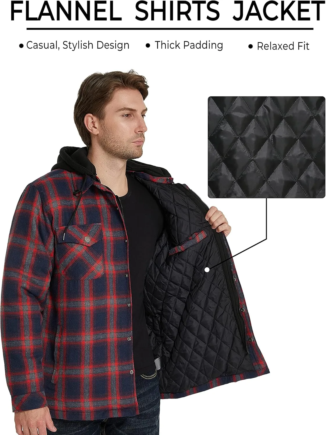 WenVen Men's Thicken Plaid Flannel Quilted Shirts Jacket with Removable Hood