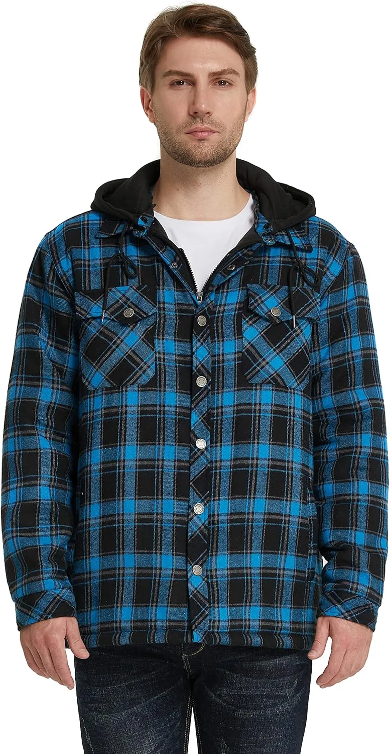 WenVen Men's Thicken Plaid Flannel Quilted Shirts Jacket with Removable Hood