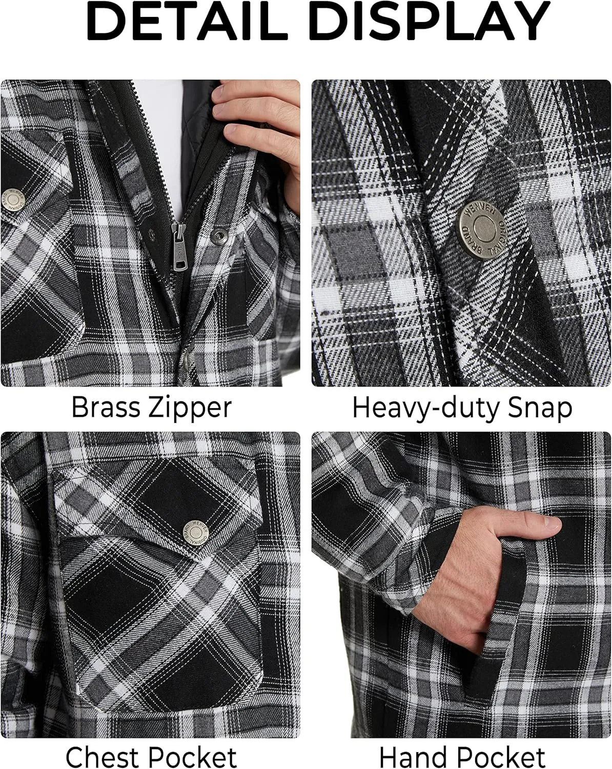 WenVen Men's Thicken Plaid Flannel Quilted Shirts Jacket with Removable Hood