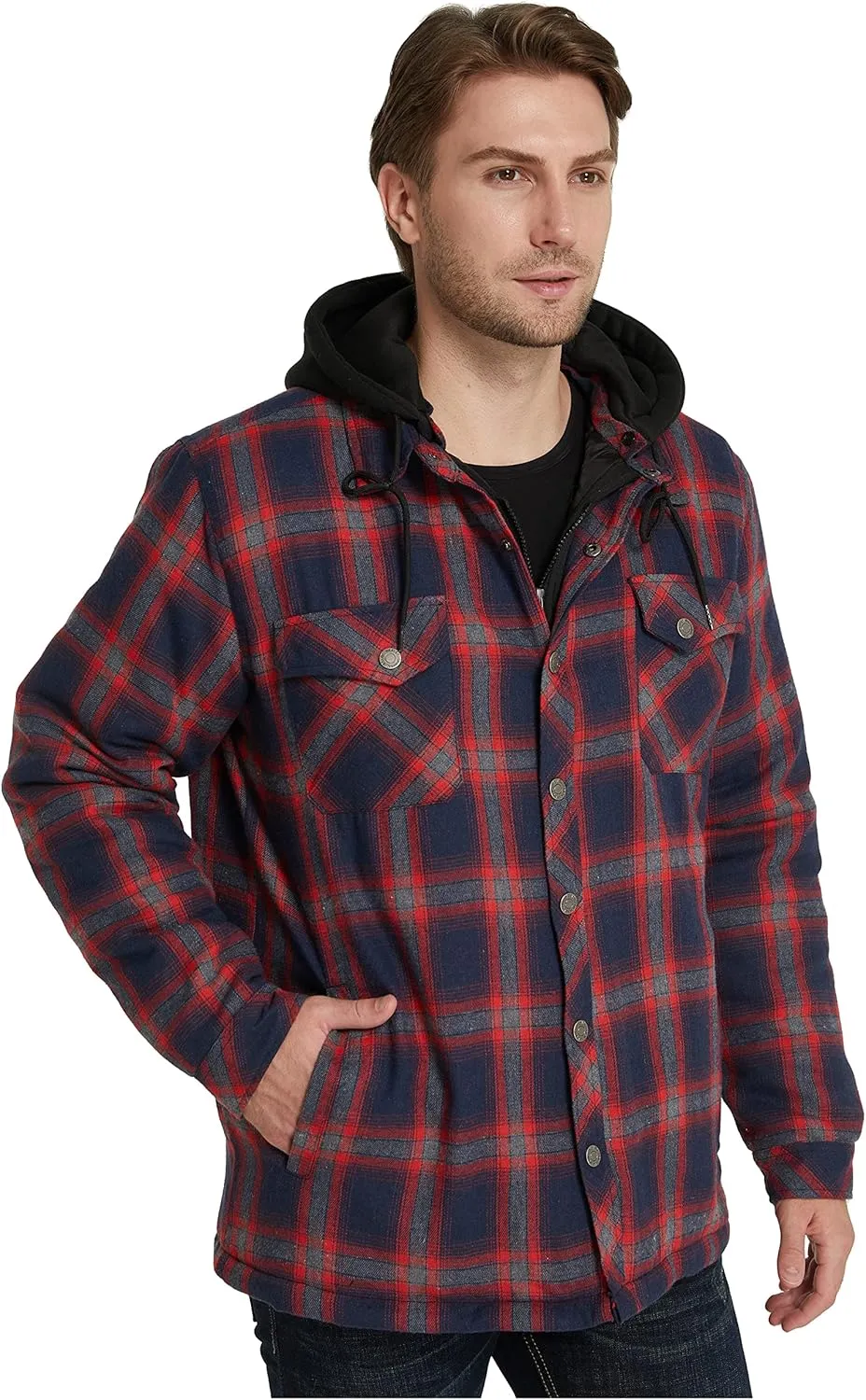 WenVen Men's Thicken Plaid Flannel Quilted Shirts Jacket with Removable Hood