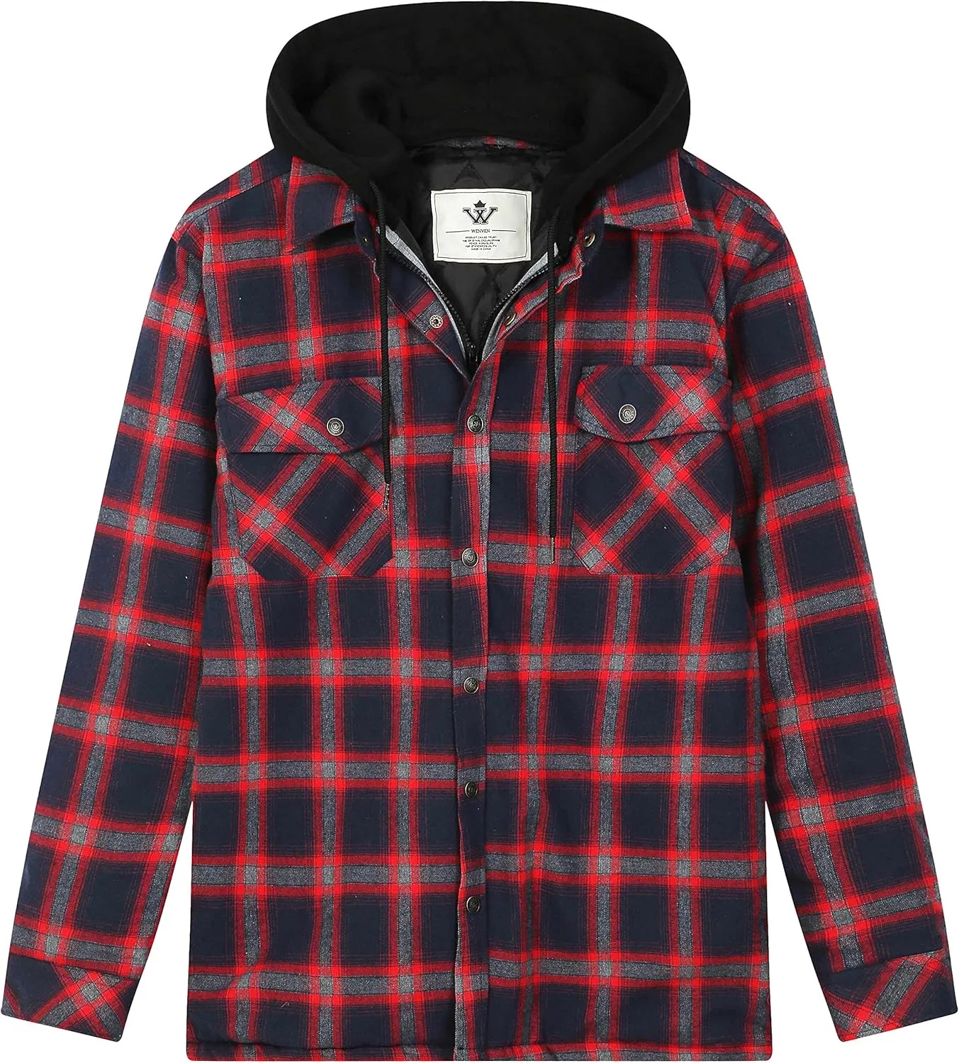 WenVen Men's Thicken Plaid Flannel Quilted Shirts Jacket with Removable Hood