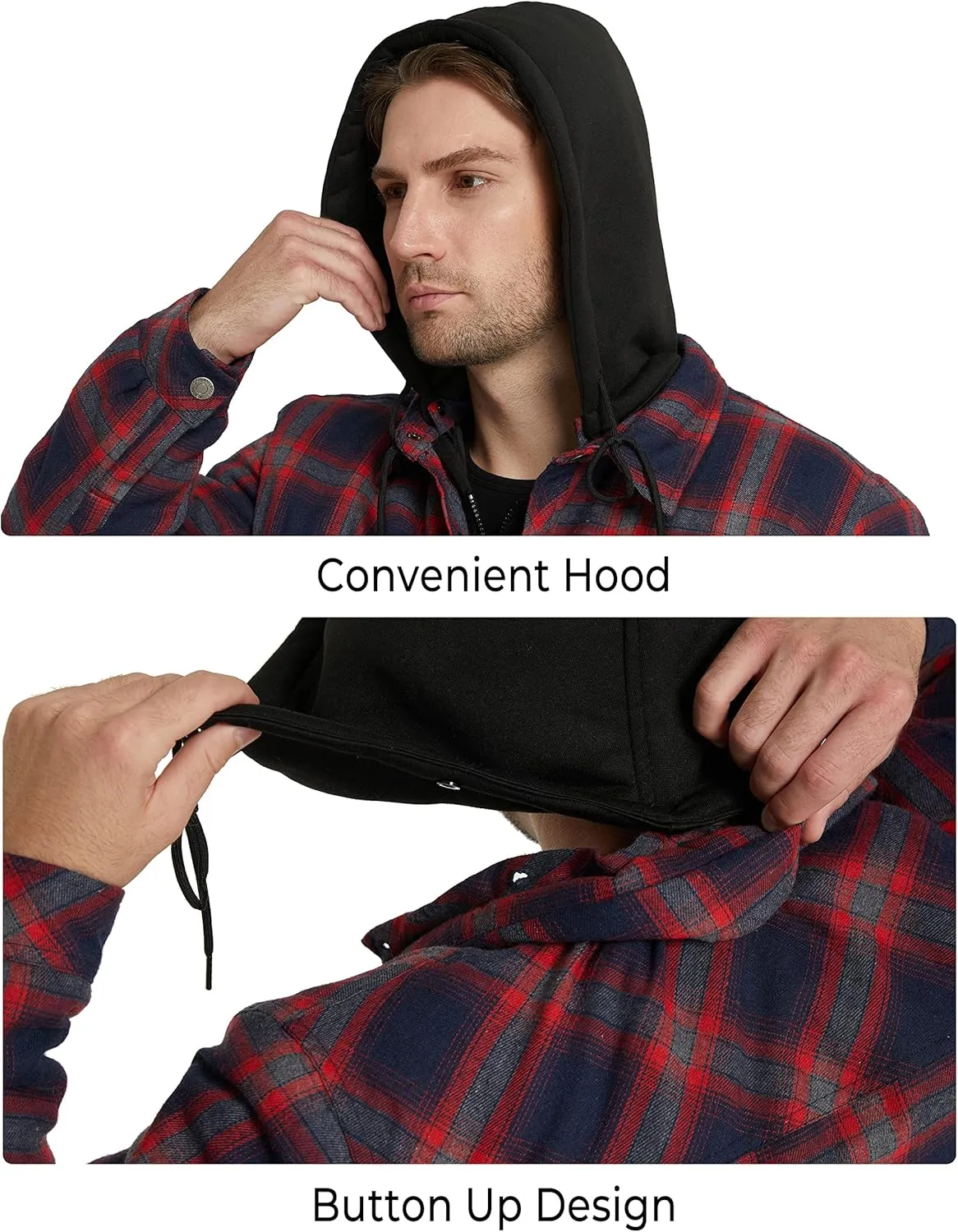 WenVen Men's Thicken Plaid Flannel Quilted Shirts Jacket with Removable Hood