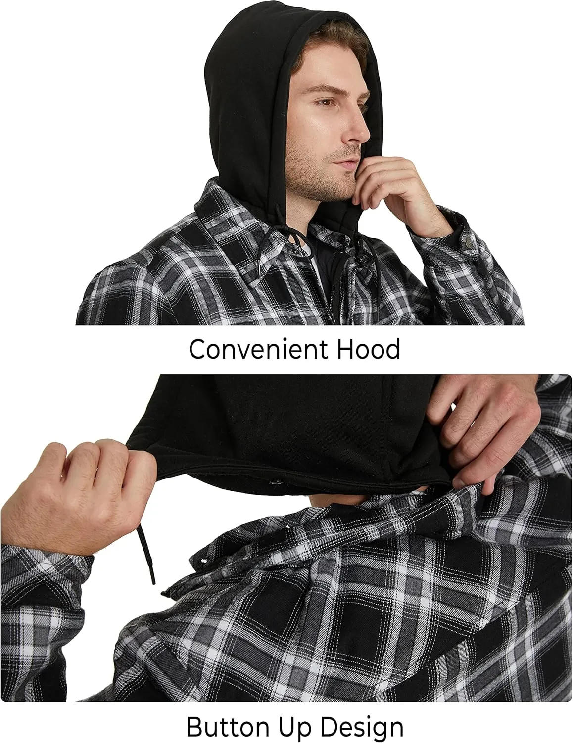 WenVen Men's Thicken Plaid Flannel Quilted Shirts Jacket with Removable Hood