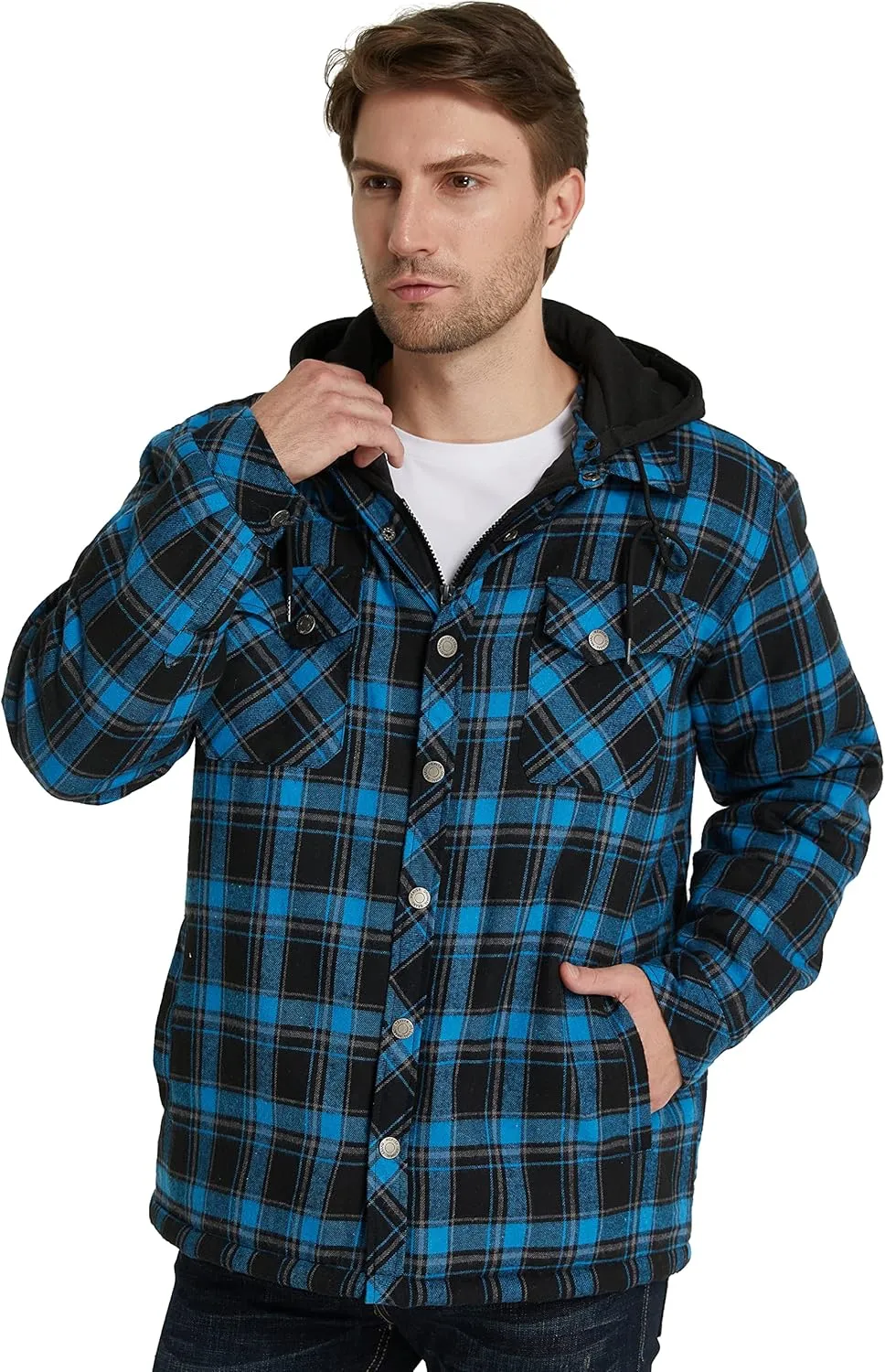 WenVen Men's Thicken Plaid Flannel Quilted Shirts Jacket with Removable Hood