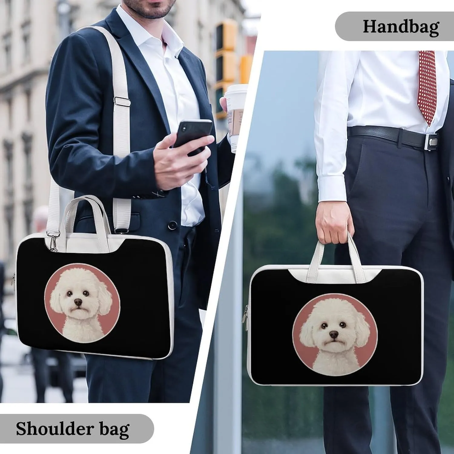 White Bichon Frise Leather Bag Laptop Case Slim Water Resistant Computer Bags with Handle Briefcase for Work