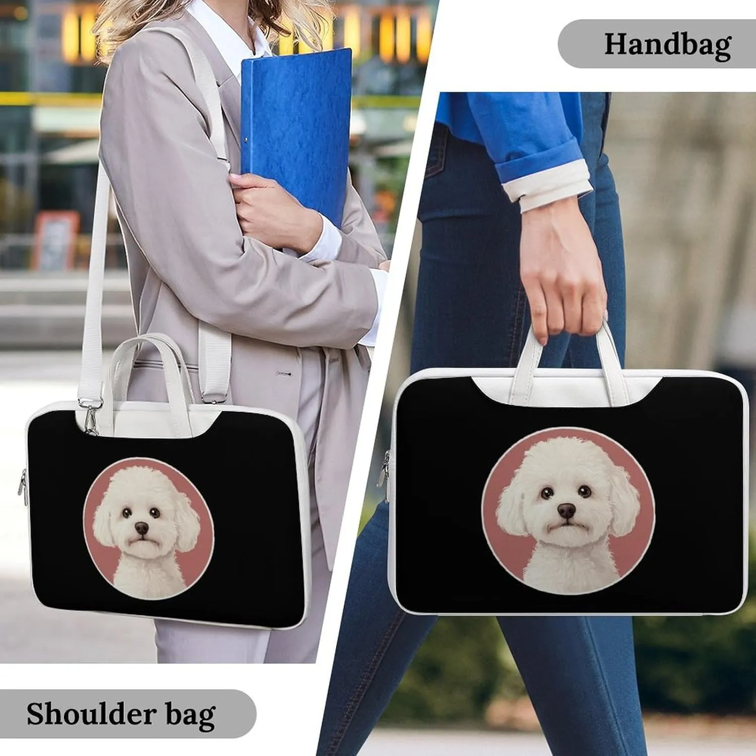 White Bichon Frise Leather Bag Laptop Case Slim Water Resistant Computer Bags with Handle Briefcase for Work