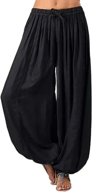 White Linen Pants Women| Wide Leg Dressy Baggy Beach Harem Pants with Pockets Solid Yoga Palazzo Pants for Women