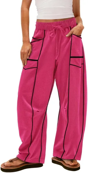 Wide Leg Pants Woman Casual Summer Drawstring Palazzo Pants High Waist Baggy Sweatpants Lounge Trousers with Pockets