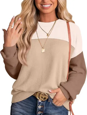 WIHOLL Womens Fall Fashion 2024 Color Block Long Sleeve Crewneck Knitted Ribbed Shirts Tunic Tops Casual Loose Trendy