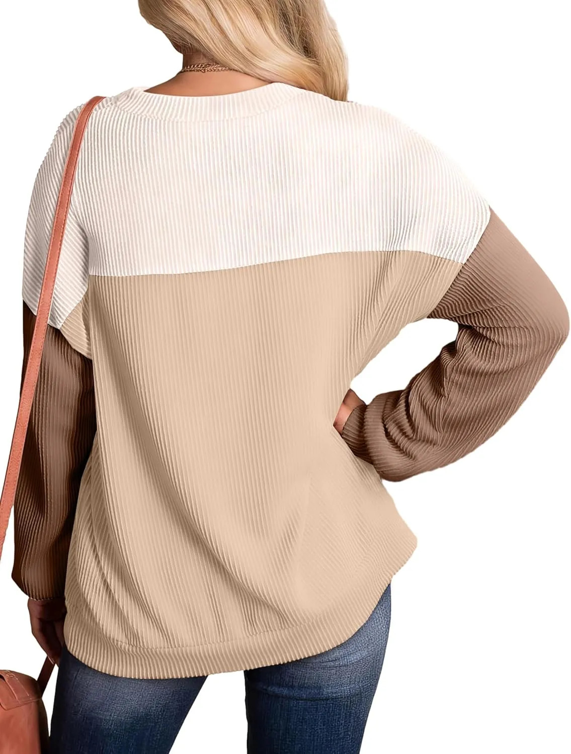 WIHOLL Womens Fall Fashion 2024 Color Block Long Sleeve Crewneck Knitted Ribbed Shirts Tunic Tops Casual Loose Trendy